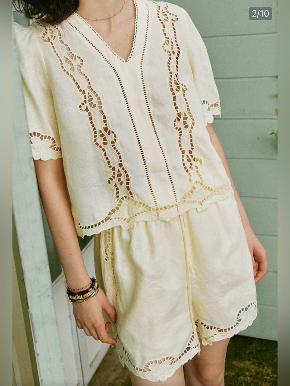 Cream Yellow Cutwork Linen Two-Piece Set